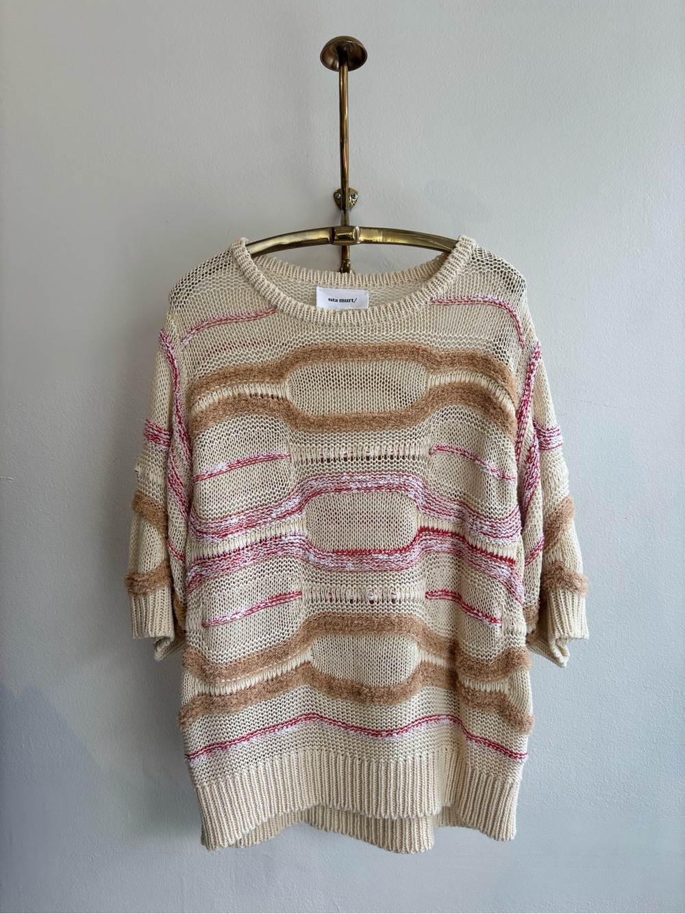 Baggie Women's Cream Open-Knit Crewneck Sweater with Pink & Tan Stripes
